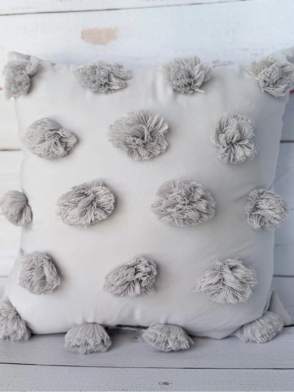 Pom Pom Decorative Throw Pillow in Light Gray